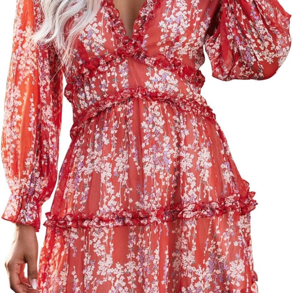 Chic Red Floral Long Sleeve Dress
